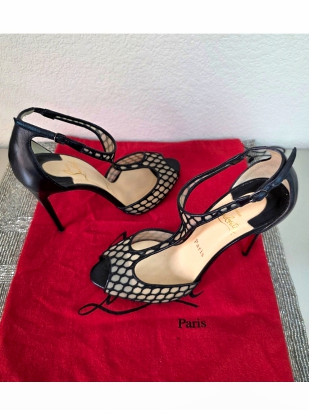 Christian Louboutin Black Leather Sheer Mesh Peep-Toe Heels EU 38 / US 8 - Picture 3 of 13